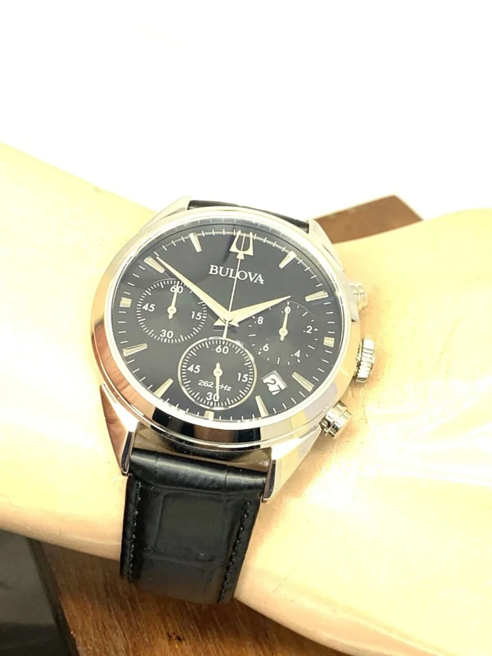 Bulova Men's Watch 96B371 Quartz Chronograph Black Dial Leather Strap 42mm